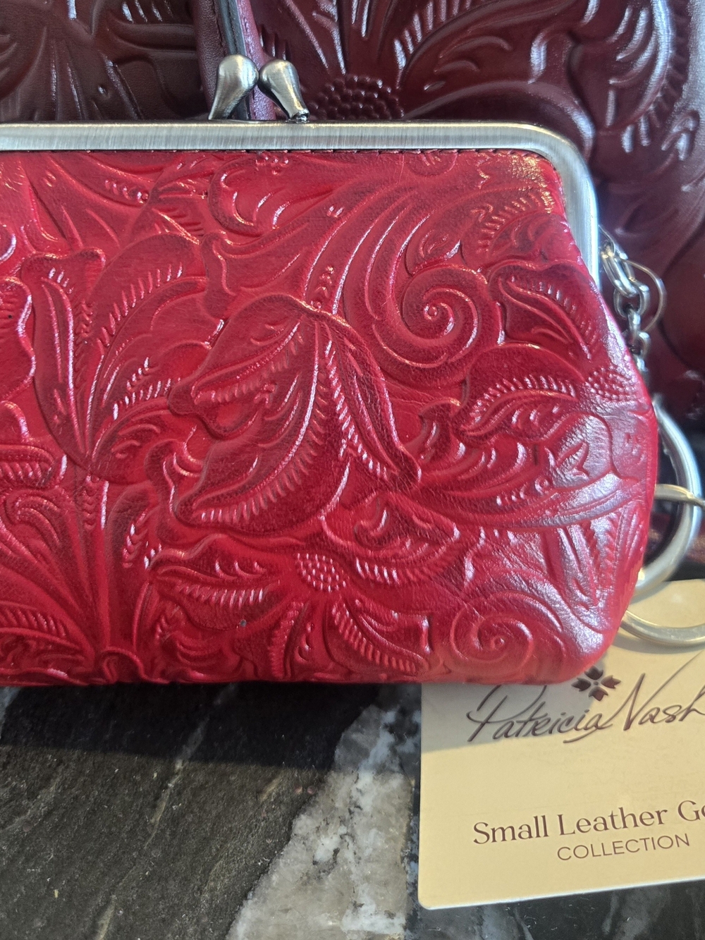 Small Red Embossed Leather Kiss-Lock Coin Purse